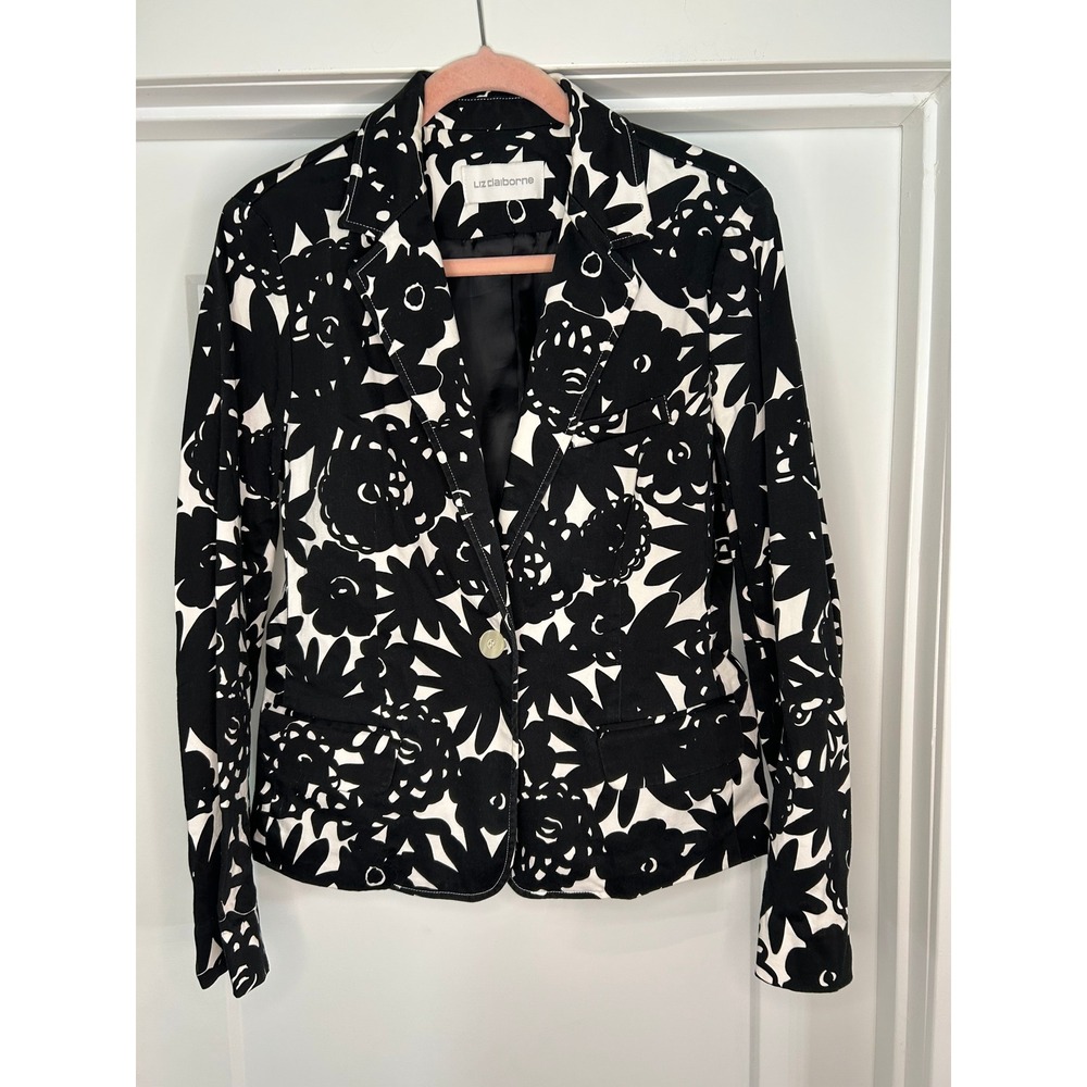 Liz Claiborne Womens‎ Black White Floral Single Button Blazer Jacket Size 10